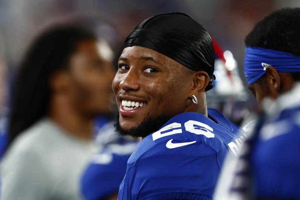 Saquon Barkley is looking to begin the 2023 NFL season with a huge game against a division rival. (Photo by Rich Schultz/Getty Images)