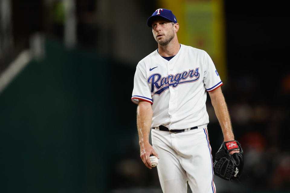 Max Scherzer of the Texas Rangers has a muscle strain and will miss the remainder of the regular season. (Photo by Tim Heitman/MLB Photos via Getty Images)