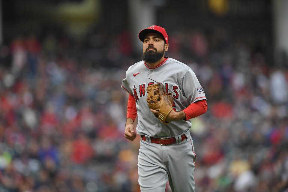 CLEVELAND, OHIO - MAY 12, 2023: Anthony Rendon #6 of the Los Angeles Angels runs off the field during the second inning against the Cleveland Guardians at Progressive Field on May 12, 2023 in Cleveland, Ohio. (Photo by George Kubas/Diamond Images via Getty Images)